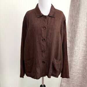 Flax Womens Linen Long Sleeve Button Up Tunic Top L Brown Lagenlook Pockets